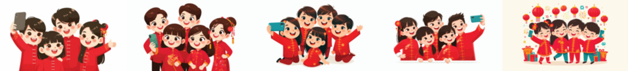 vector of children taking selfies together during Chinese New Year celebrations
