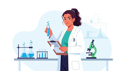Female scientist in lab coat examining test tube with research equipment around her