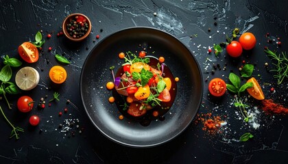 A fresh healthy meal of stir fried vegetables with shrimp and chicken being tossed in a hot wok with red pepper and green onion for a delicious dinner dish