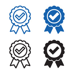 Checkmark Ribbon Badge Icon Set in Blue and Black Outline and Solid Styles Vector