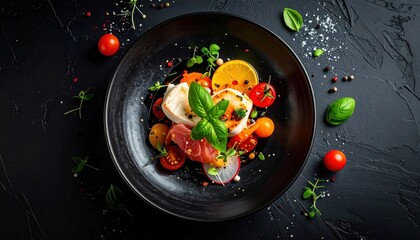 A fresh healthy meal of stir fried vegetables with shrimp and chicken being tossed in a hot wok with red pepper and green onion for a delicious dinner dish
