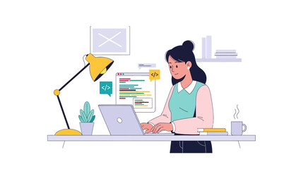 Woman working on a laptop, coding and programming on a computer in a home office setup