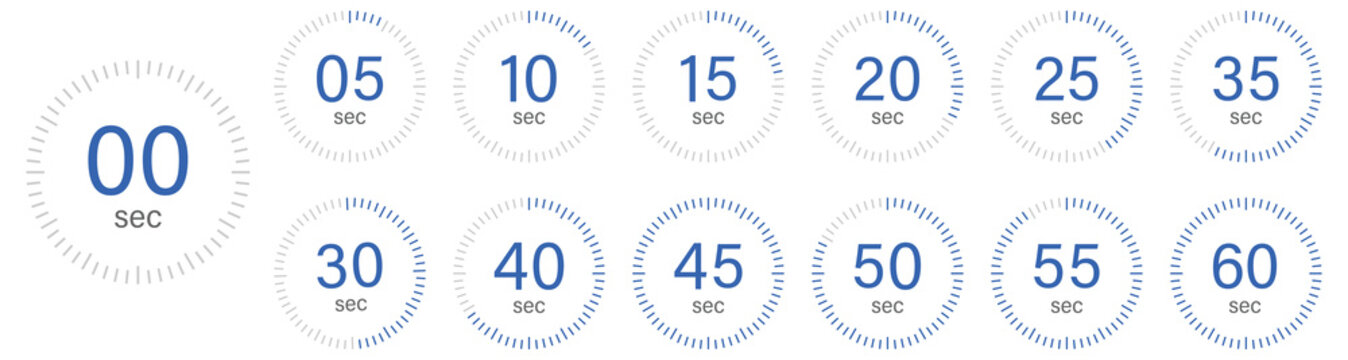 Seconds Timer, clock, stopwatch icon vector set. 0, 5, 10, 15, 20, 25, 30, 35, 40, 45, 50, 55, 60 second watch icon vector. Countdown timer, cooking timer watch icon set. vector illustration. 