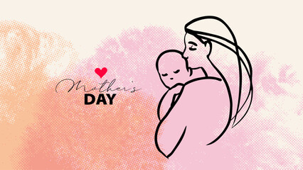 Happy Mother's Day greeting card. Mom and baby line art. Motherhood and newborn concept. Halftone watercolor soft background. Vector illustration