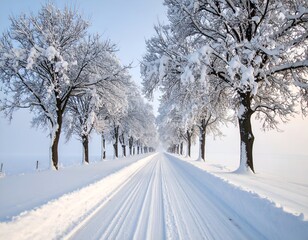 Obraz premium Snowy road stretches through trees, creating a perspective down a winter landscape
