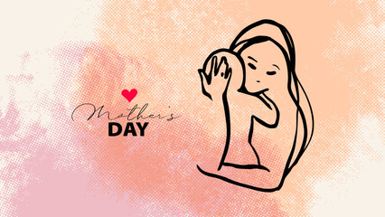 Happy Mother's Day greeting card. Mom and baby line art. Motherhood and newborn concept. Halftone watercolor soft background. Vector illustration