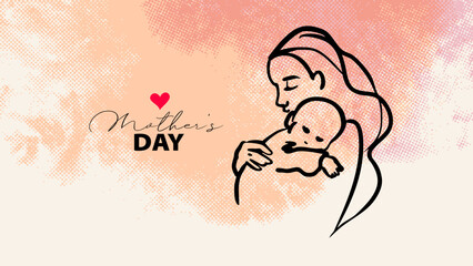 Happy Mother's Day greeting card. Mom and baby line art. Motherhood and newborn concept. Halftone watercolor soft background. Vector illustration