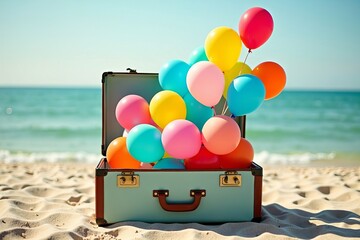Colorful Balloons Soaring from Old Suitcase on Beach Sand