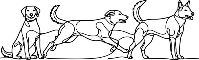 Continuous Line Art Three Dog Poses Animal Illustration