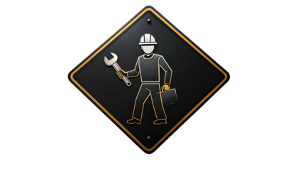 Diamond-shaped sign showing a construction worker holding wrench & toolbox, metallic finish