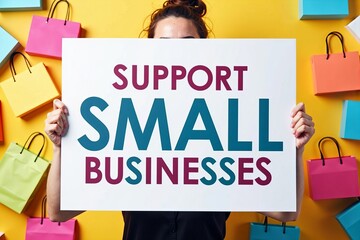 Captivating Sign Held by Person Promoting Support for Small Businesses Online and Local Shops, Surrounded by Shopping Bags and Packages from Independent Retailers