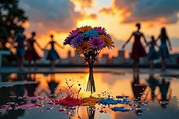 - Bird's Eye View of Vibrant Paint Splatters on Blank Canvas - Graceful Dancers Silhouetted Against Sunset Backdrop - Close-Up of Colorful Paint Splatters on Canvas