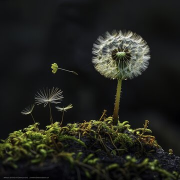 Dandelion seed head with dispersing seeds on mossy ground against dark background