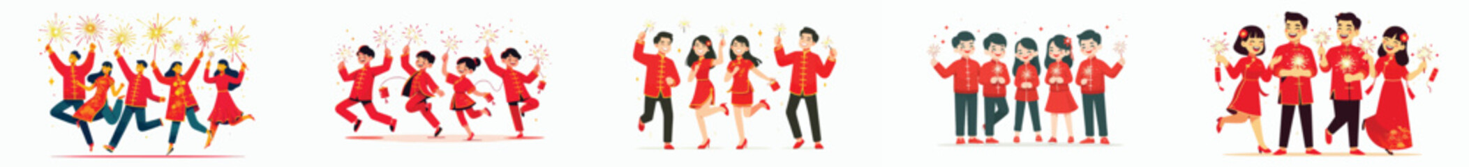 vector of friends playing with fireworks on Chinese New Year celebrations