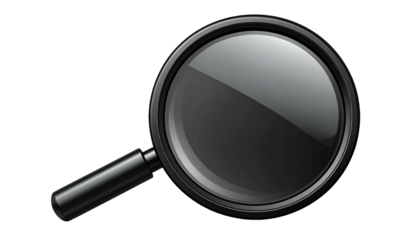 A glossy, black magnifying glass with a reflective lens, set against a dark background