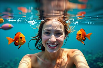 Underwater Selfie with Vibrant Fish Swirling Nearby