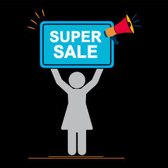SUPER SALE &ndash; Human Holding Board (Blue), Super Sale Announcement with Human Character and Megaphone Vector