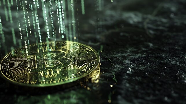 Golden Bitcoin coin with digital code falling in the background, symbolizing cryptocurrency and blockchain technology