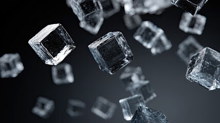 Floating translucent cubes on dark background, abstract, geometric