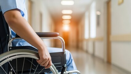 Woman in a wheelchair in a hospital corridor, representing healthcare and accessibility for medical care.