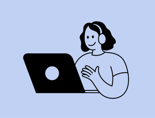 Vector illustration in simple linear hand drawn style, woman working at the laptop in headphones, support, tutor or podcast concept