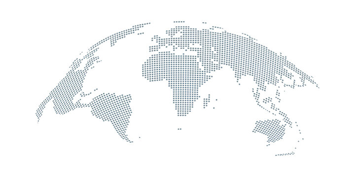 World map earth globe with dot pattern, 3D global icon, halftone pixel texture, isolated worldwide political and business concept.
