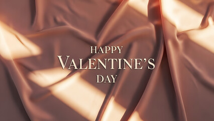 Happy Valentine's Day greeting on elegant rose gold silk fabric background with soft light and shadows