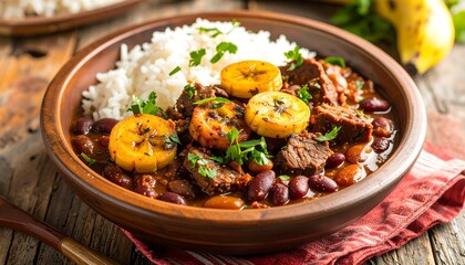 Delicious Feijoada with Rice and Plantains.