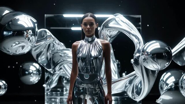 A model posing in a reflective, abstract environment with shiny silver forms and soft lighting