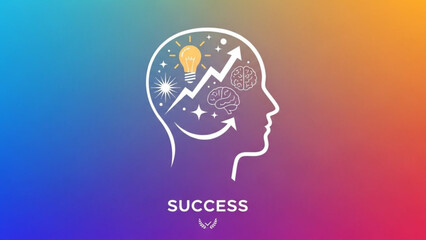 A white line drawing of a human head with a lightbulb and brain symbols on a rainbow background representing success and ideas with inspiration