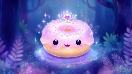 Anthropomorphic Donut with Crown in Forest