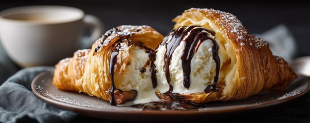 Croissant filled with ice cream and chocolate sauce served on a plate with coffee in the background