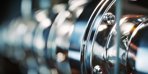 Fototapeta premium Metal parts are lined up in a row showing reflections and shine inside a machine shop during daytime work hours