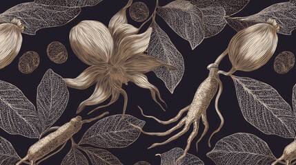 Detailed botanical design showing various plant parts with distinct textures on a dark background