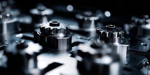 Close view of metal gears and machinery parts in a workshop setting during daylight