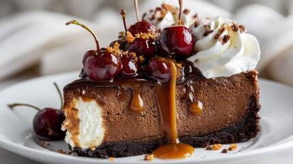 Chocolate cheesecake slice with cherries and whipped cream on a white plate