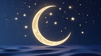 Fototapeta premium Glowing Crescent Moon with Stars Over Wavy Surface at Night