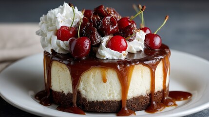 Cheesecake topped with chocolate sauce and cherries served on a white plate in a simple setting