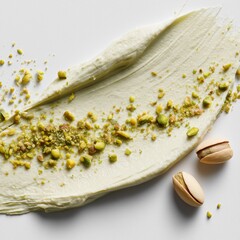 Pistachio cream spread on a white surface with crushed pistachios and whole nuts beside it