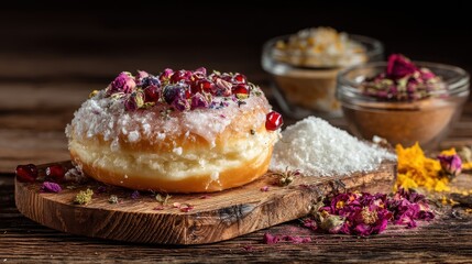 Donut with White Icing, Pomegranate Seeds, and Dried Flowers