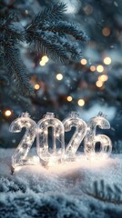 Lights and snow create a winter scene with the year 2026 displayed on the ground near a tree