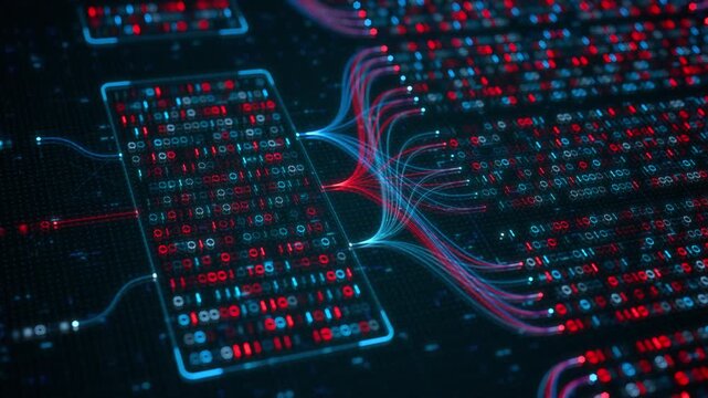 Big Data Analytics, Neural Network Data Flow Visualization, AI Machine Learning, Quantum Computing, Binary Code Digital Grid of Ones and Zeros, Artificial Intelligence Technology Abstract Background