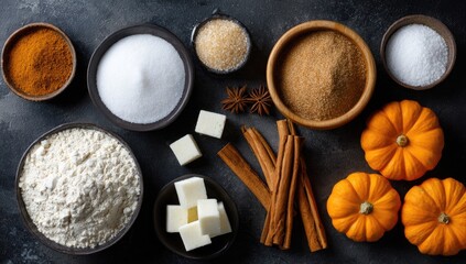 Pumpkin pie ingredients arranged on dark surface