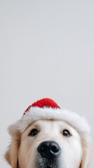 Golden retriever wearing a red and white holiday hat with a simple background, capturing a festive moment indoors during Christmas season
