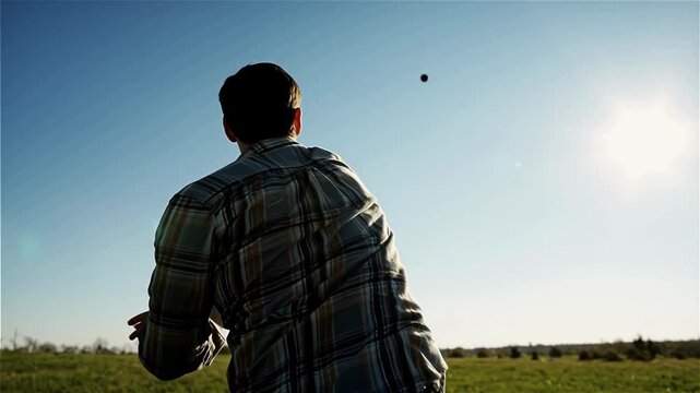 A person throwing a ball in a bright open field under a clear blue sky, capturing the essence of leisure and outdoor play