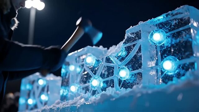 Close-up of a person sculpting ice with an ax, revealing bright blue lights embedded in the ice, creating a magical winter night scene