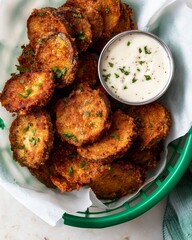 Crispy fried zucchini served with dipping sauce in a green basket on a white table