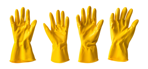 Collection set of yellow rubber gloves isolated on transparent or white background, png