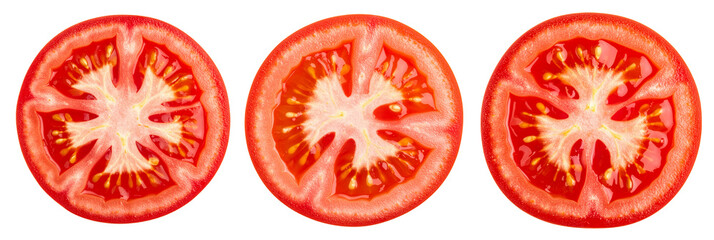 top view of fresh red tomatoes half slices collection isolated on white
