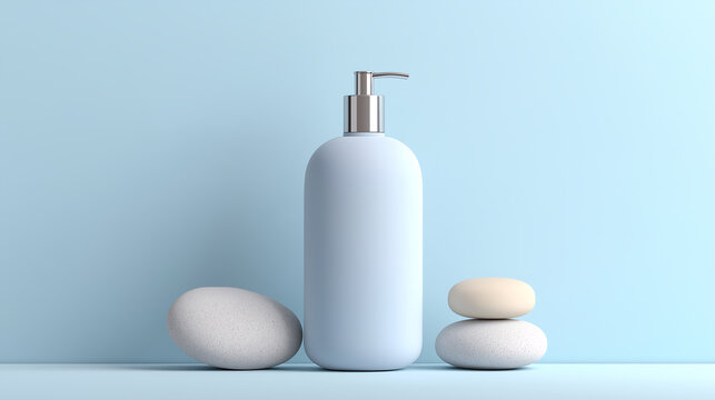A white bottle a silver pump surrounded by smooth stones on a light blue background